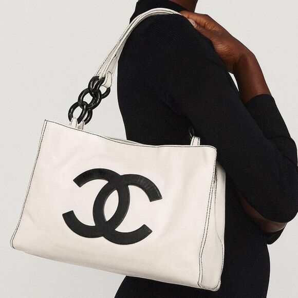 CHANEL Handbags - Rare Vintage CHANEL Black and White CC Logo Chain Dual Top Handle Tote